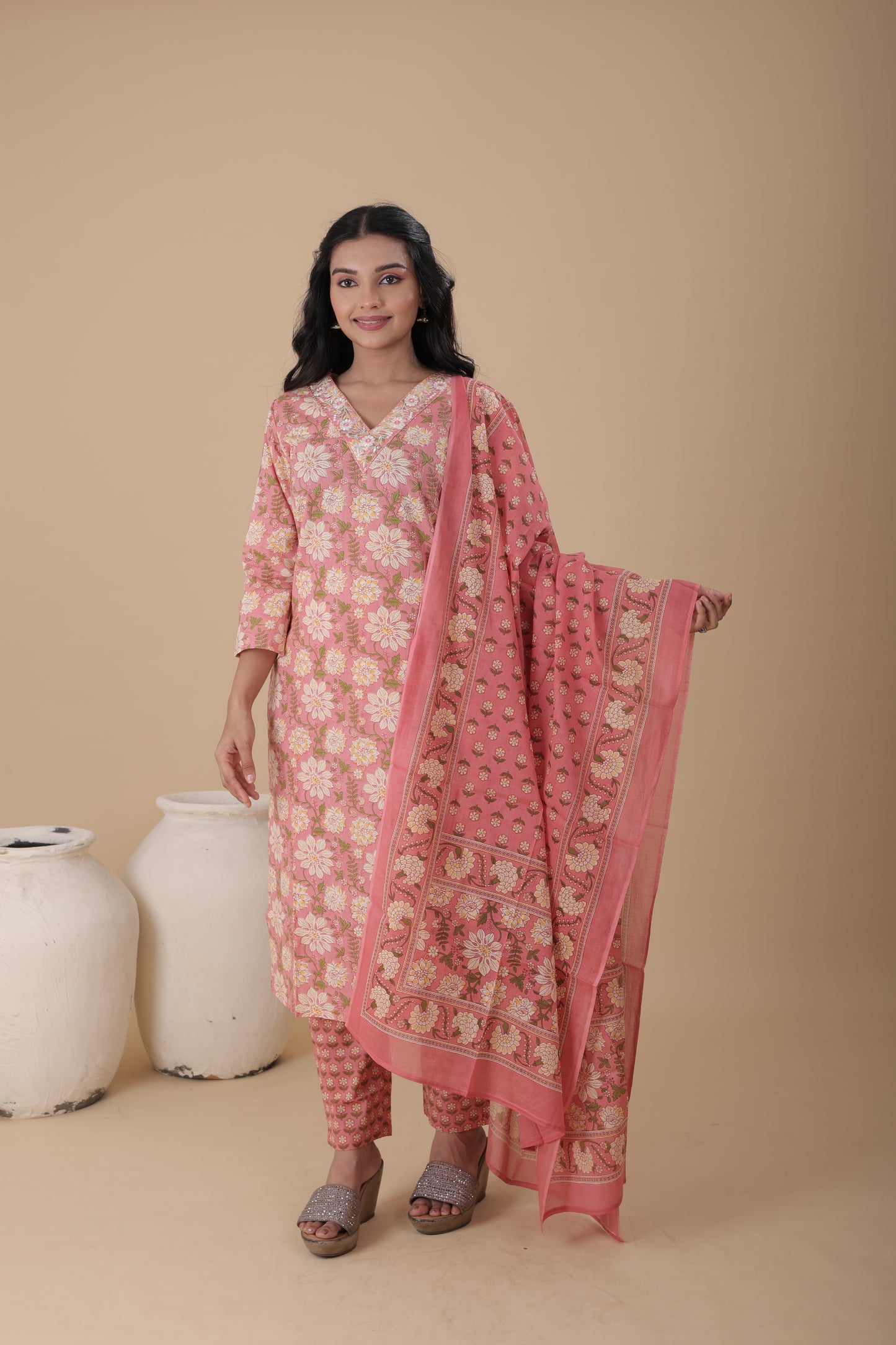 Daily Wear Cotton Kurti Set | 60x60 Cotton Kurti with Box Print Dupatta & Pocket Pants