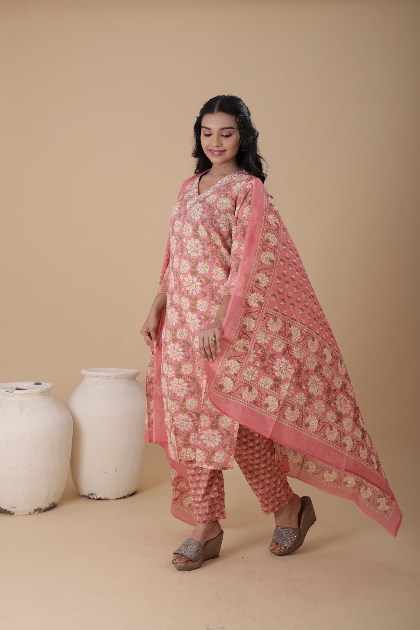 Daily Wear Cotton Kurti Set | 60x60 Cotton Kurti with Box Print Dupatta & Pocket Pants