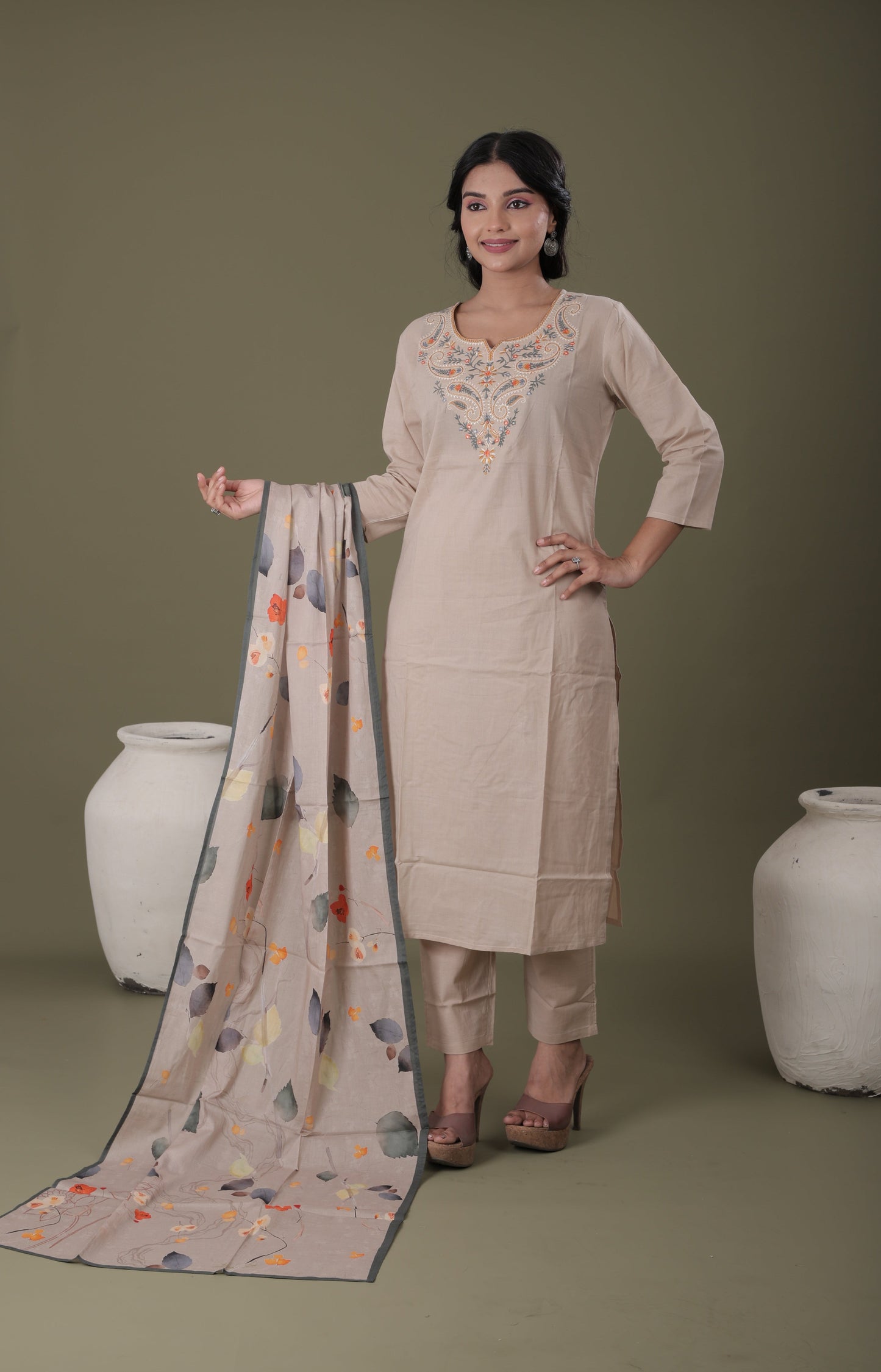 Designer Cotton Kurti Set for Women | Mal Cotton Kurti, Pant & Digital Dupatta