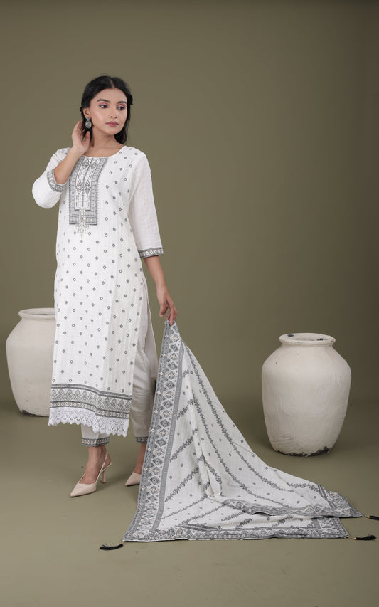 Women’s Festive Wear Kurti Set | Bubble Cotton Kurti, Cotton Pant & Heavy Dupatta