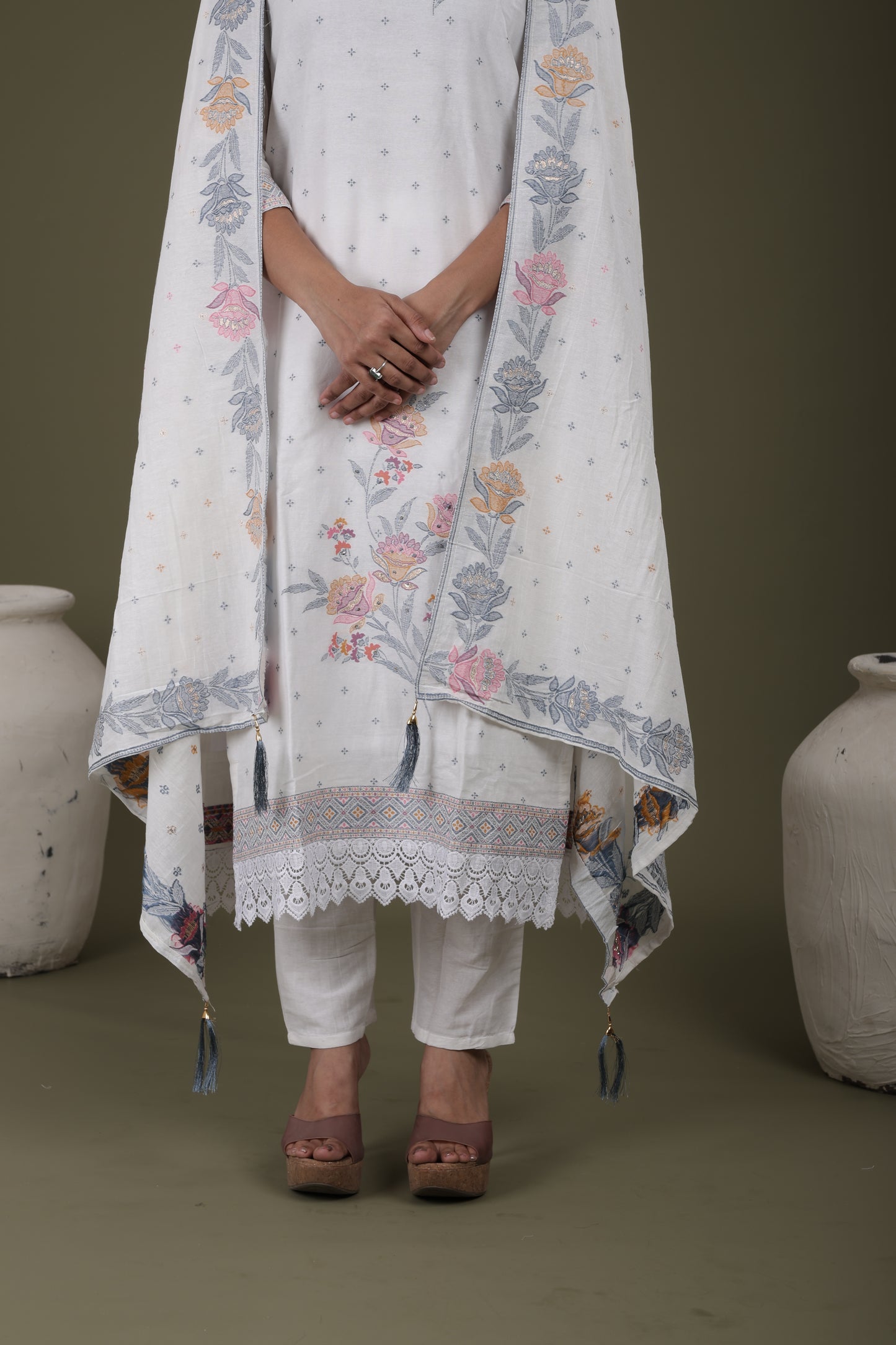 Women’s Pure Mal Cotton Kurti with Color Jacquard, Dupatta with Jacquard Border & Pant