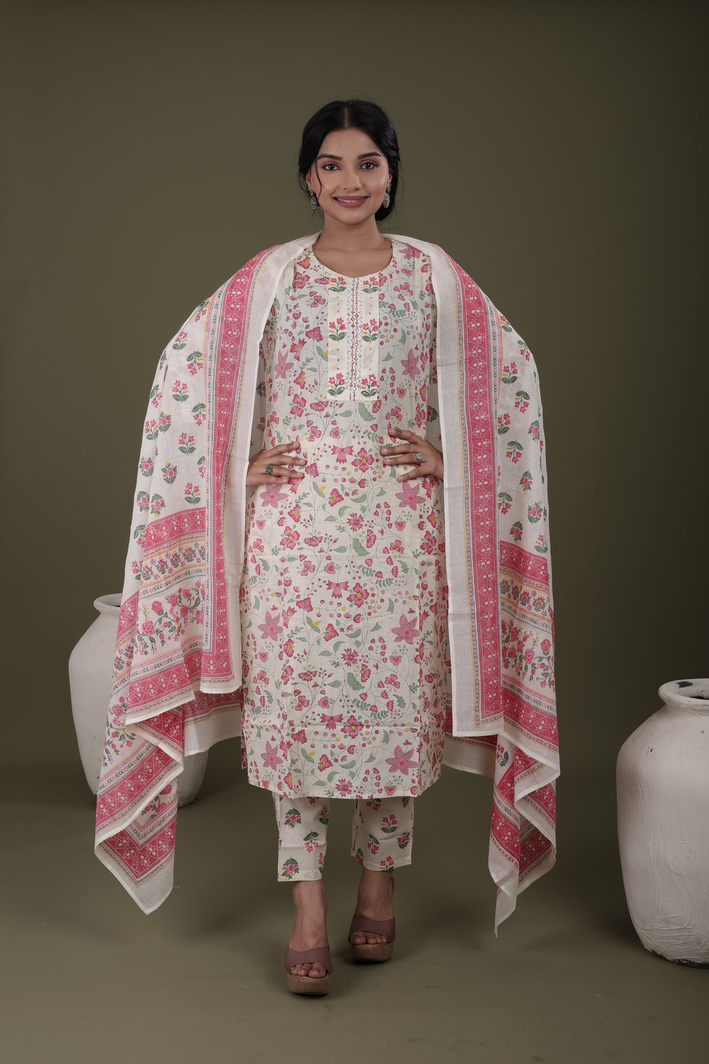 Women’s Daily Wear Cotton Kurti Set | Kurti, Pant & Cotton Dupatta