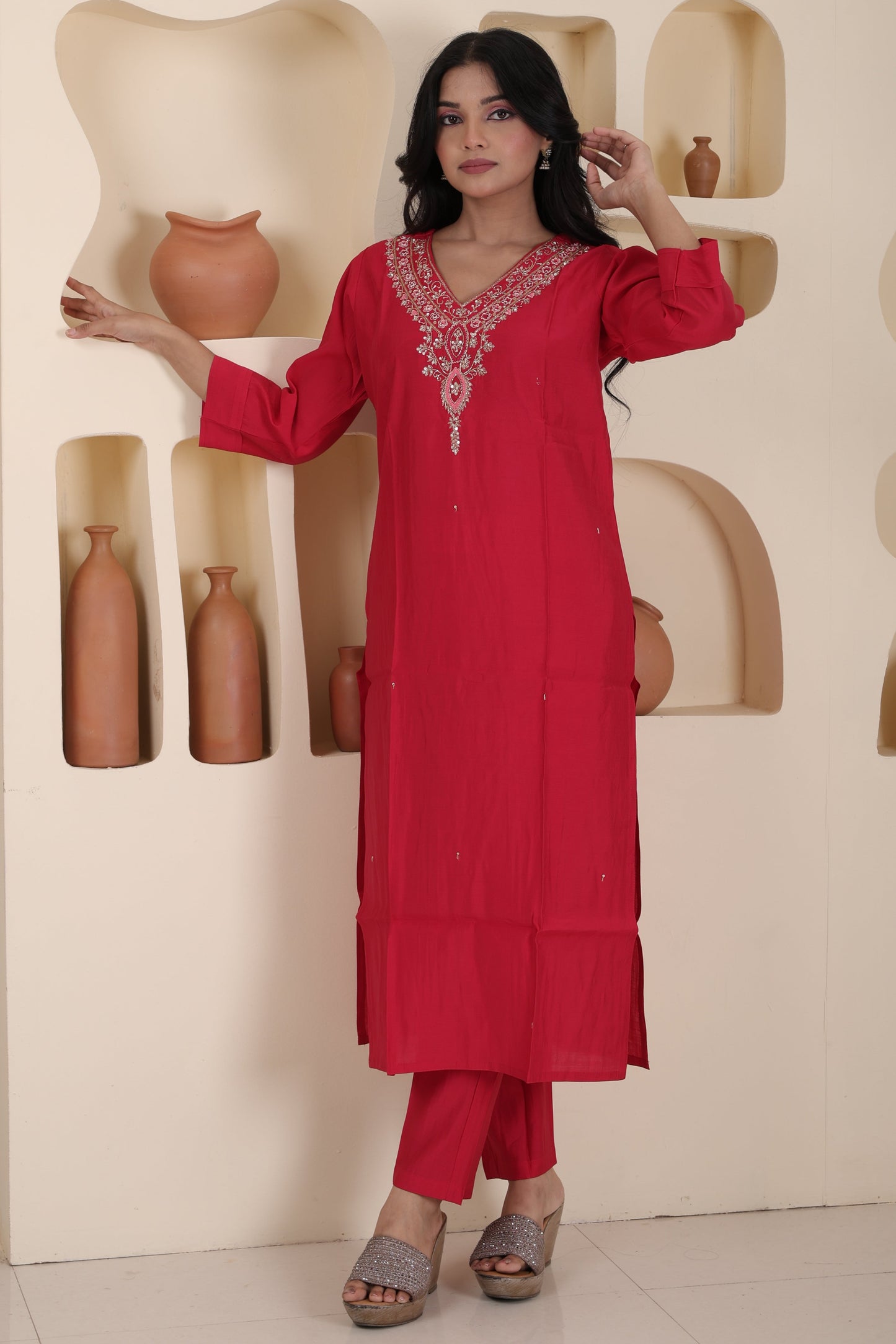 Luxury Ethnic Wear | Hand Jardosi Roman Silk Kurti Set with Dupatta