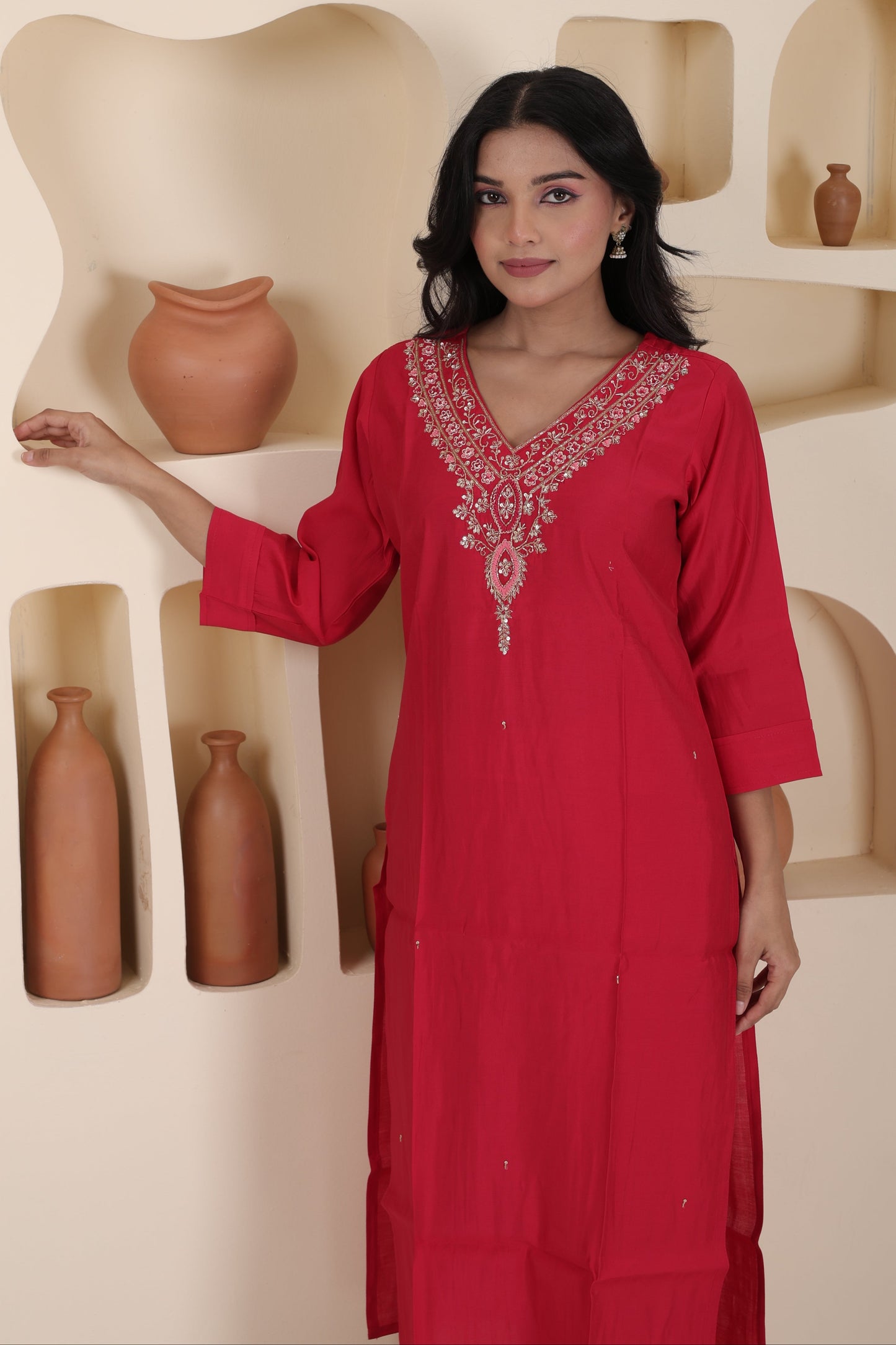 Luxury Ethnic Wear | Hand Jardosi Roman Silk Kurti Set with Dupatta