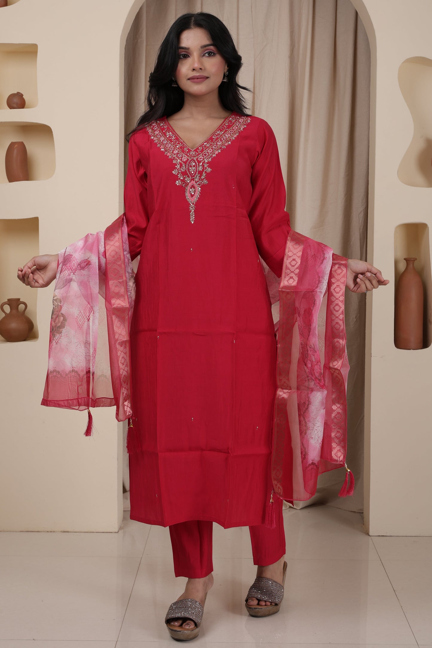 Luxury Ethnic Wear | Hand Jardosi Roman Silk Kurti Set with Dupatta