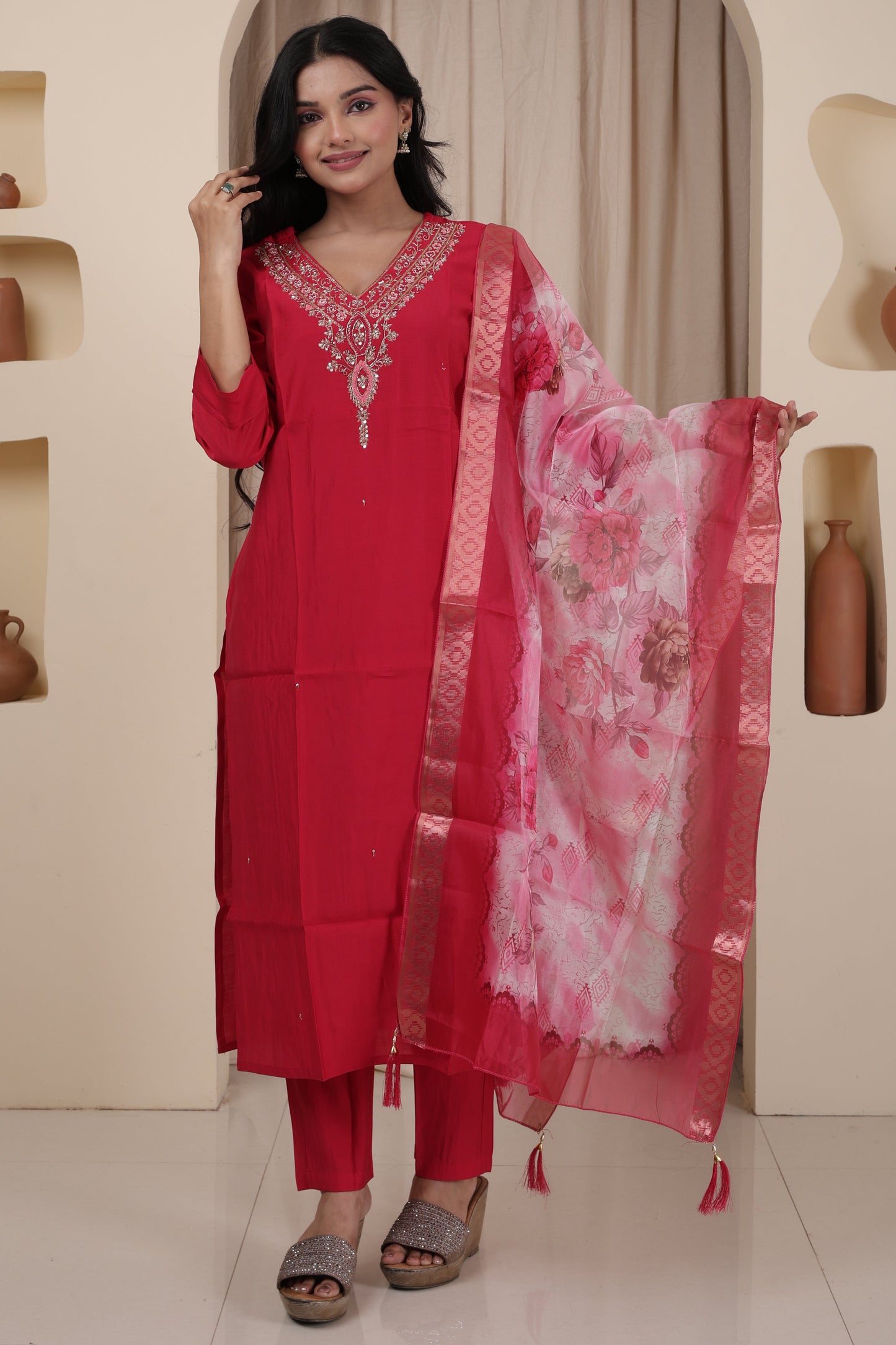 Luxury Ethnic Wear | Hand Jardosi Roman Silk Kurti Set with Dupatta