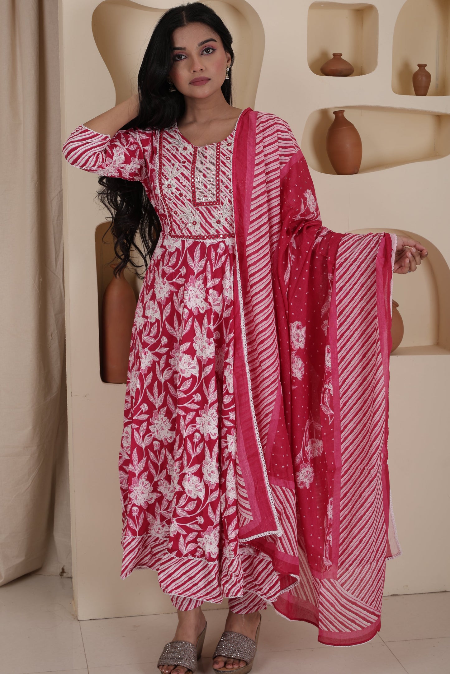 Women’s Cotton Anarkali Suit Set with Pant & Dupatta