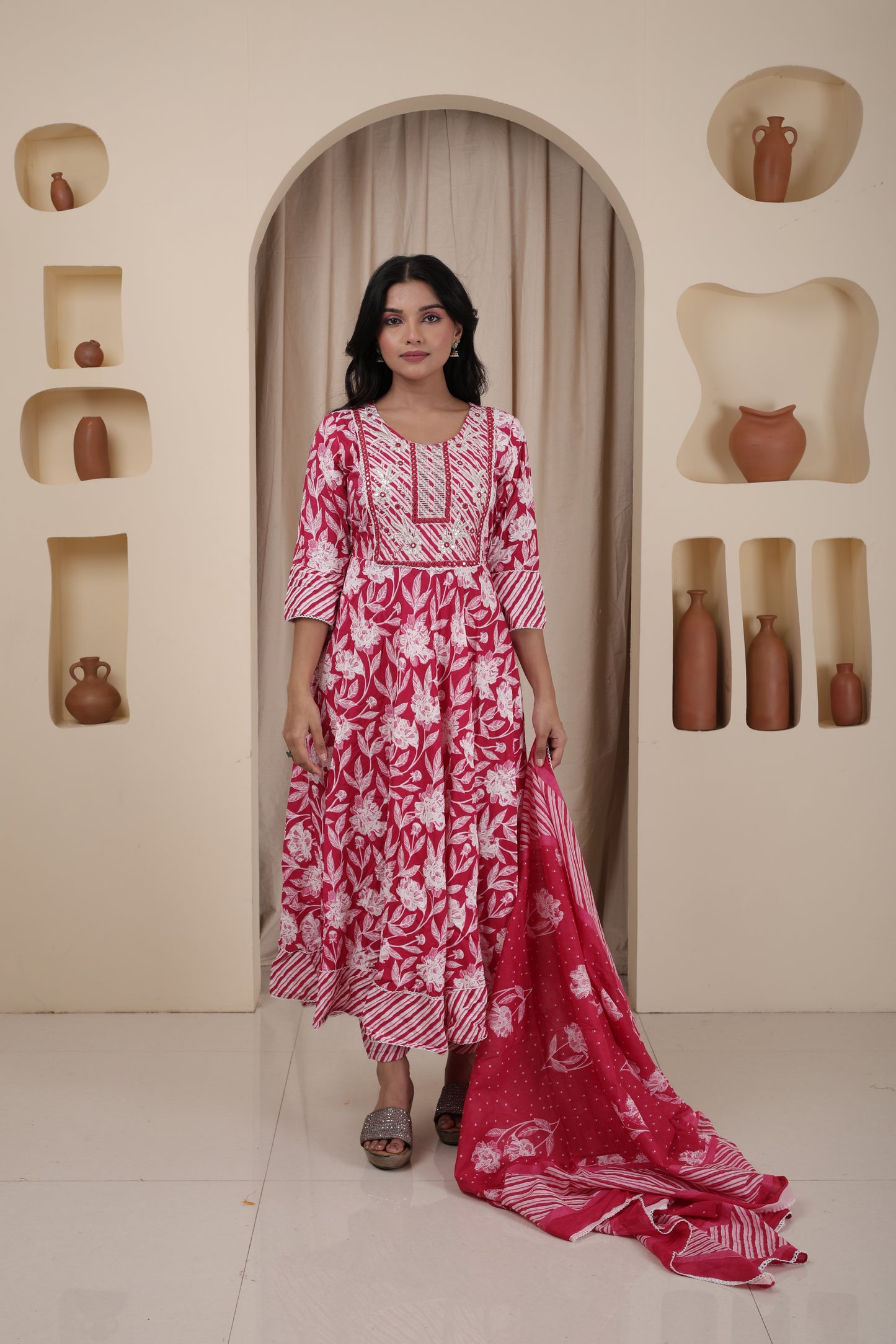 Women’s Cotton Anarkali Suit Set with Pant & Dupatta