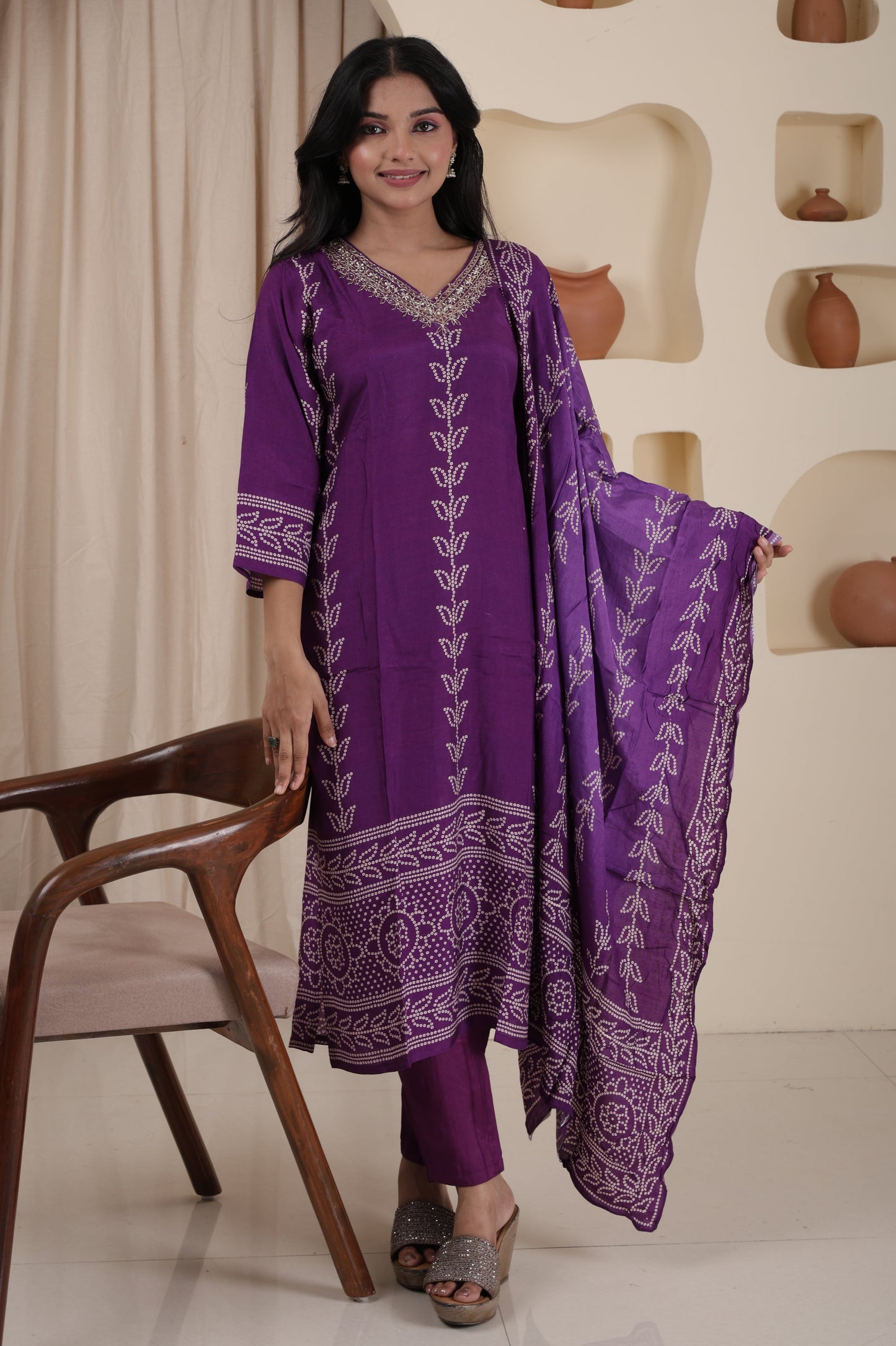 Luxury Gaji Silk Handcrafted Kurti Pant Dupatta Set for Women