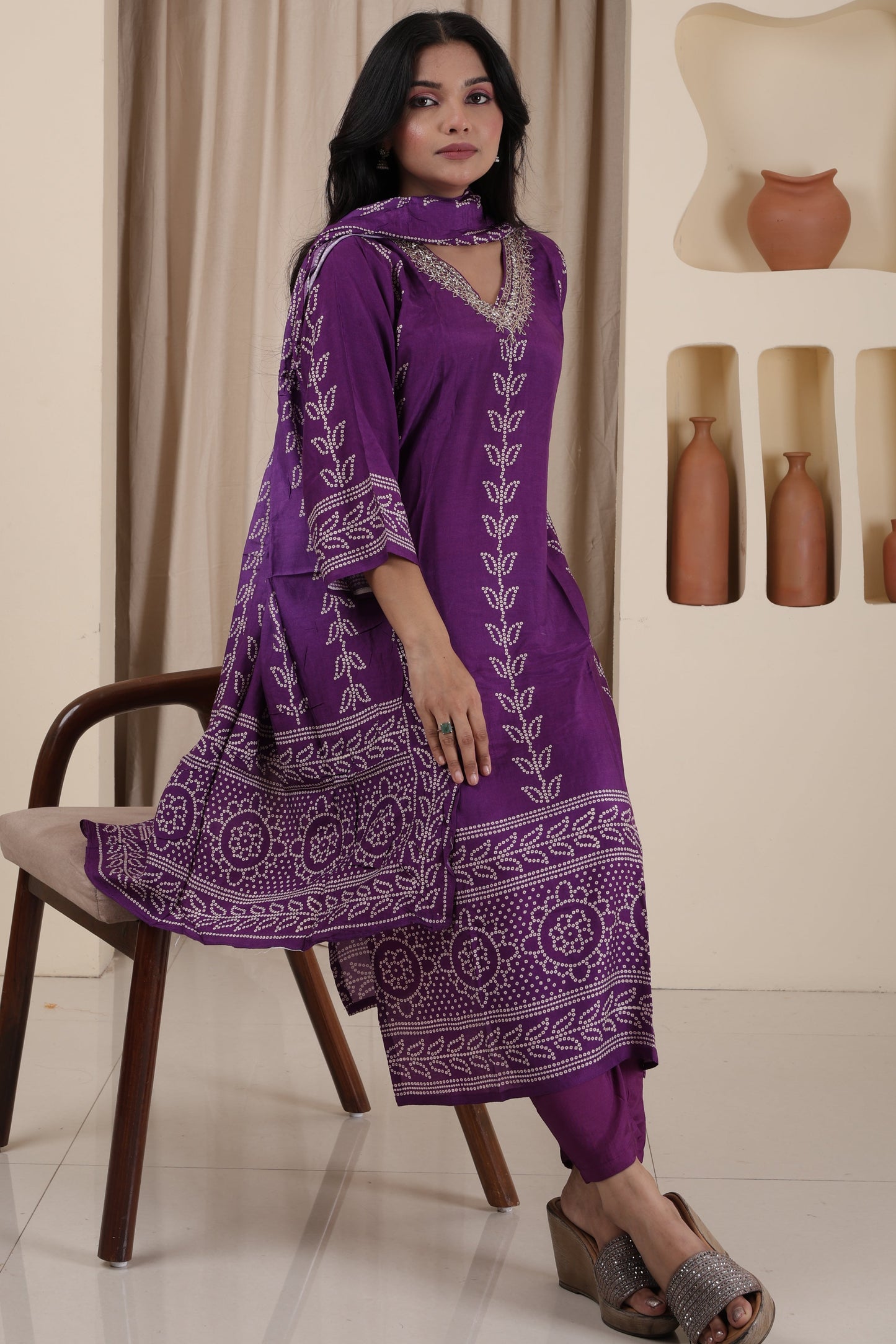 Luxury Gaji Silk Handcrafted Kurti Pant Dupatta Set for Women