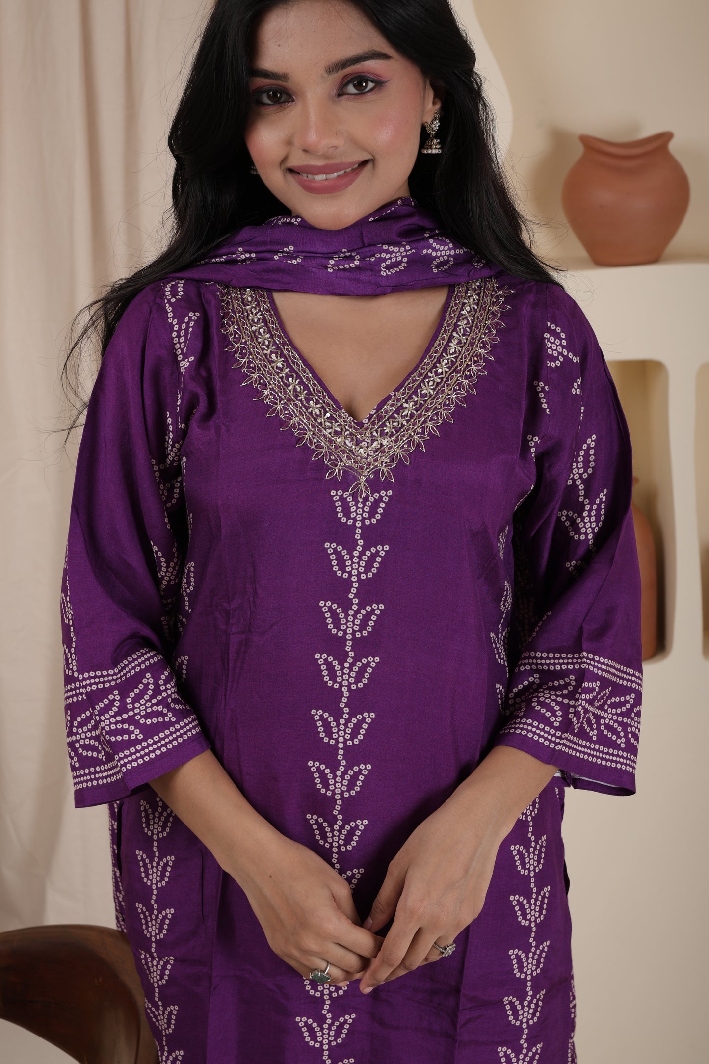 Luxury Gaji Silk Handcrafted Kurti Pant Dupatta Set for Women