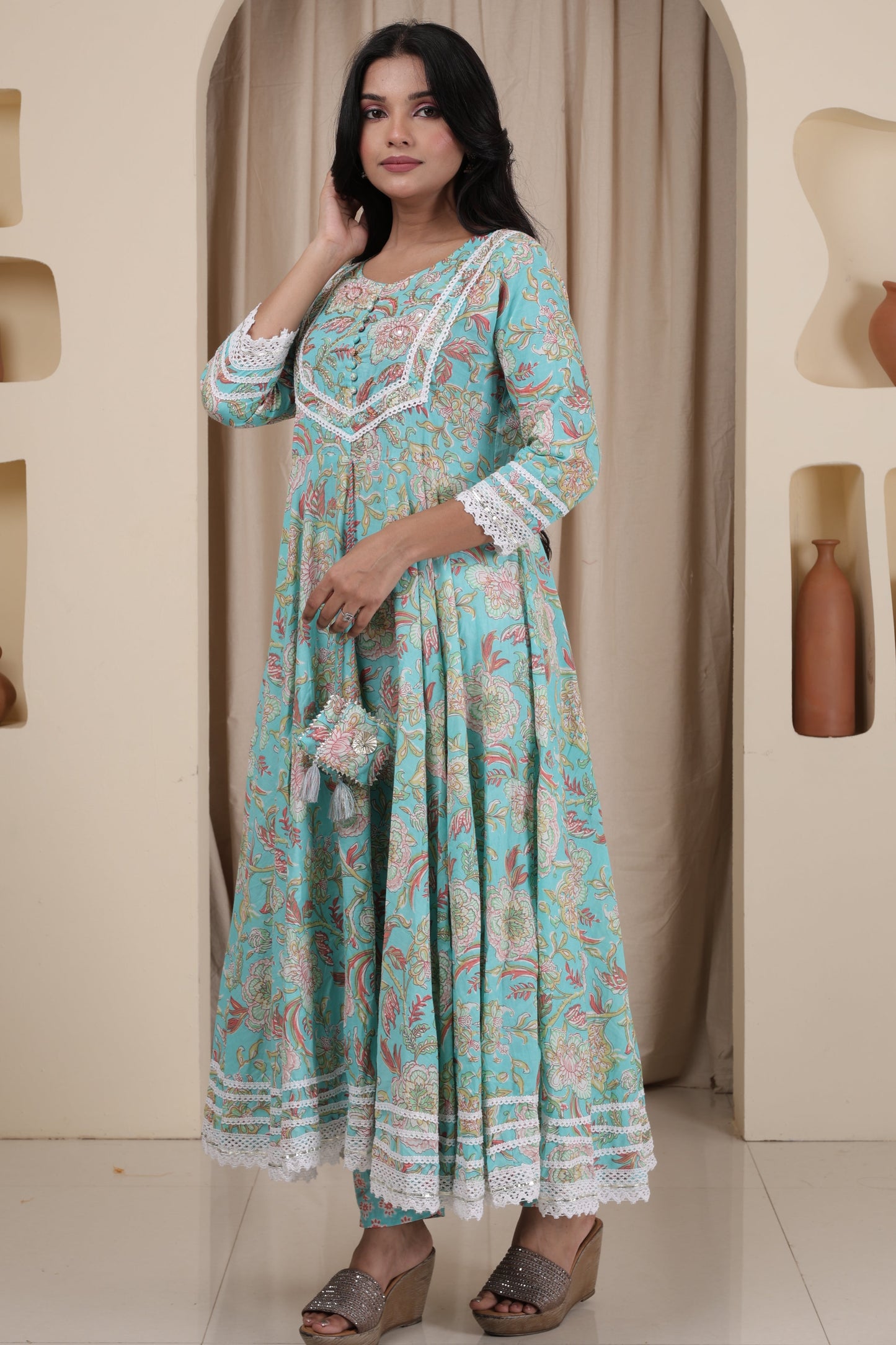 Festive Wear | Mal Cotton Anarkali Kurti Pant Dupatta Set