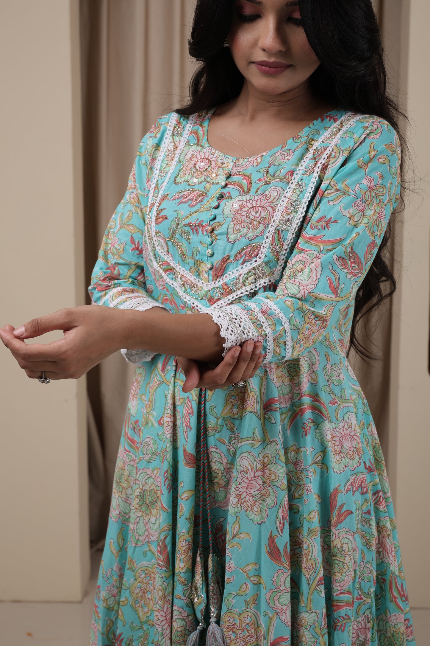 Festive Wear | Mal Cotton Anarkali Kurti Pant Dupatta Set