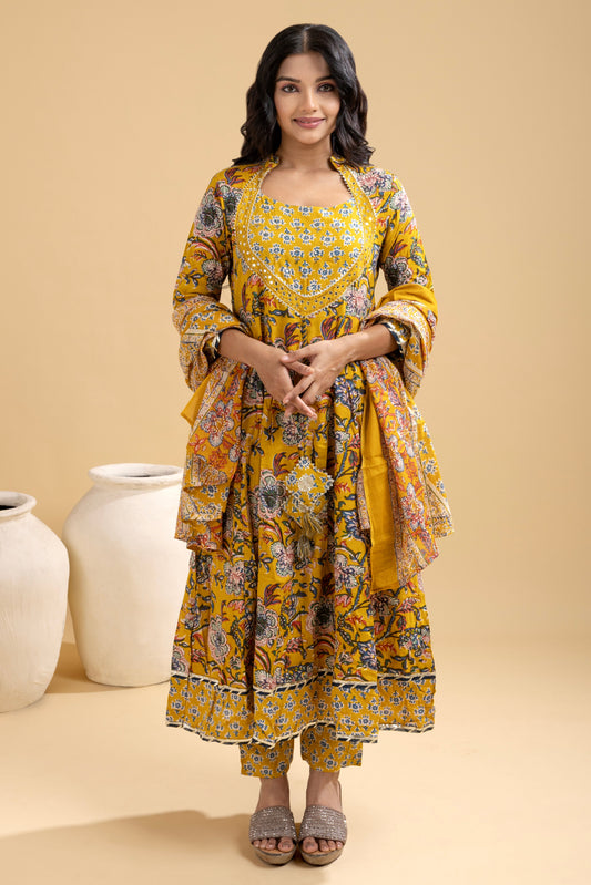 Women’s Reyon Kurti Set with Collar Neck & Handwork | Pure Cotton Dupatta & Rayon Pant