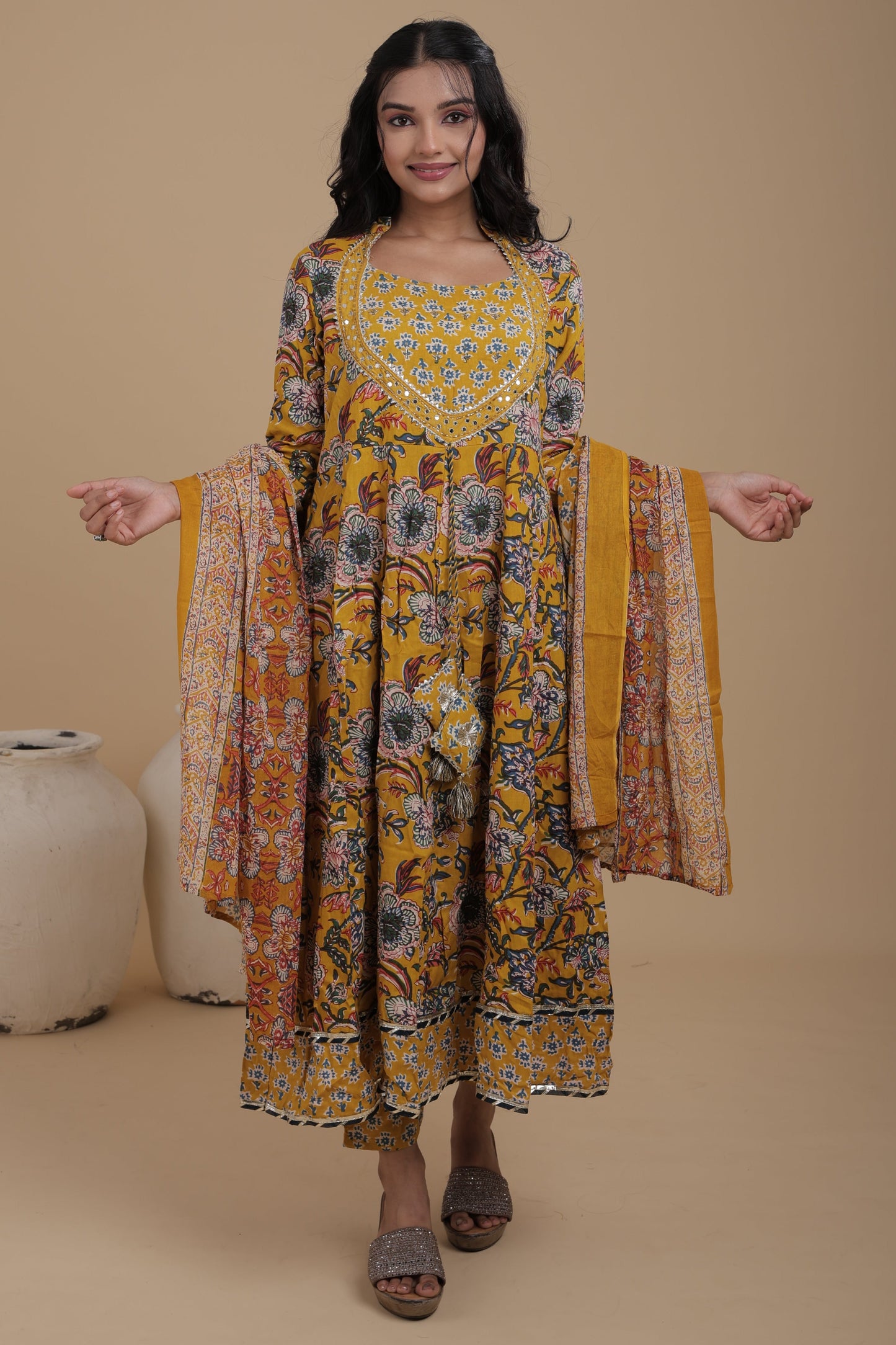 Women’s Reyon Kurti Set with Collar Neck & Handwork | Pure Cotton Dupatta & Rayon Pant