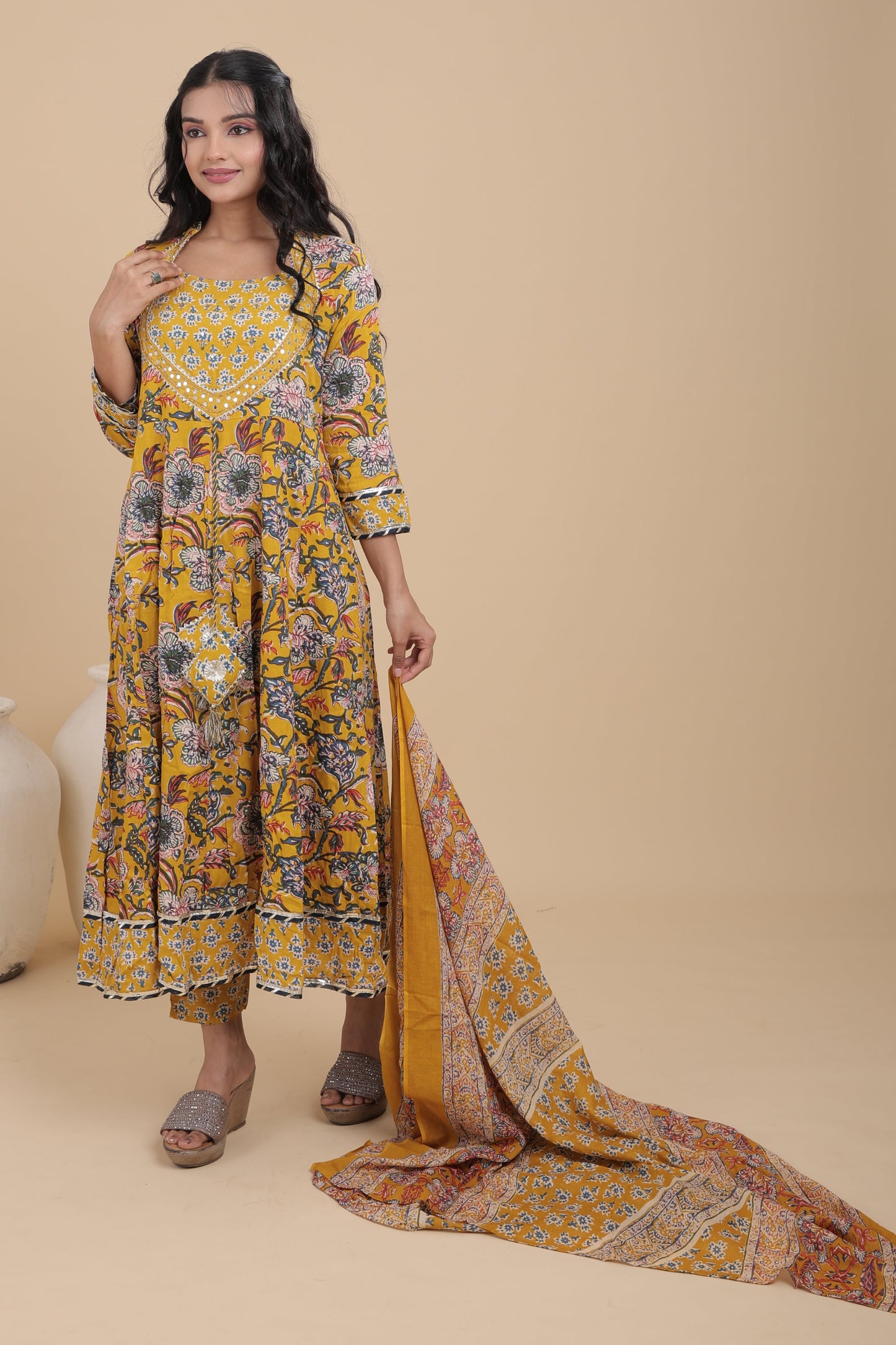Women’s Reyon Kurti Set with Collar Neck & Handwork | Pure Cotton Dupatta & Rayon Pant