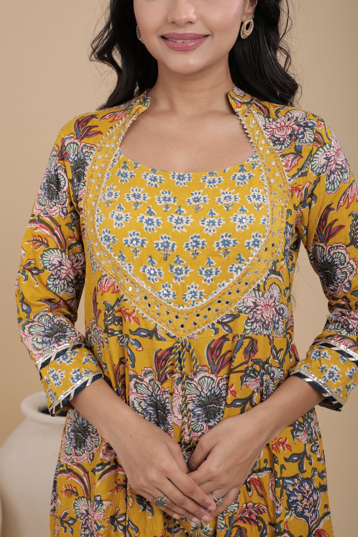 Women’s Reyon Kurti Set with Collar Neck & Handwork | Pure Cotton Dupatta & Rayon Pant