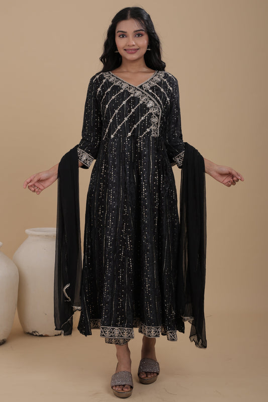 Women’s Rayon Kurti Set with Machine Work | Chiffon Dupatta with Lace Border & Rayon Pant