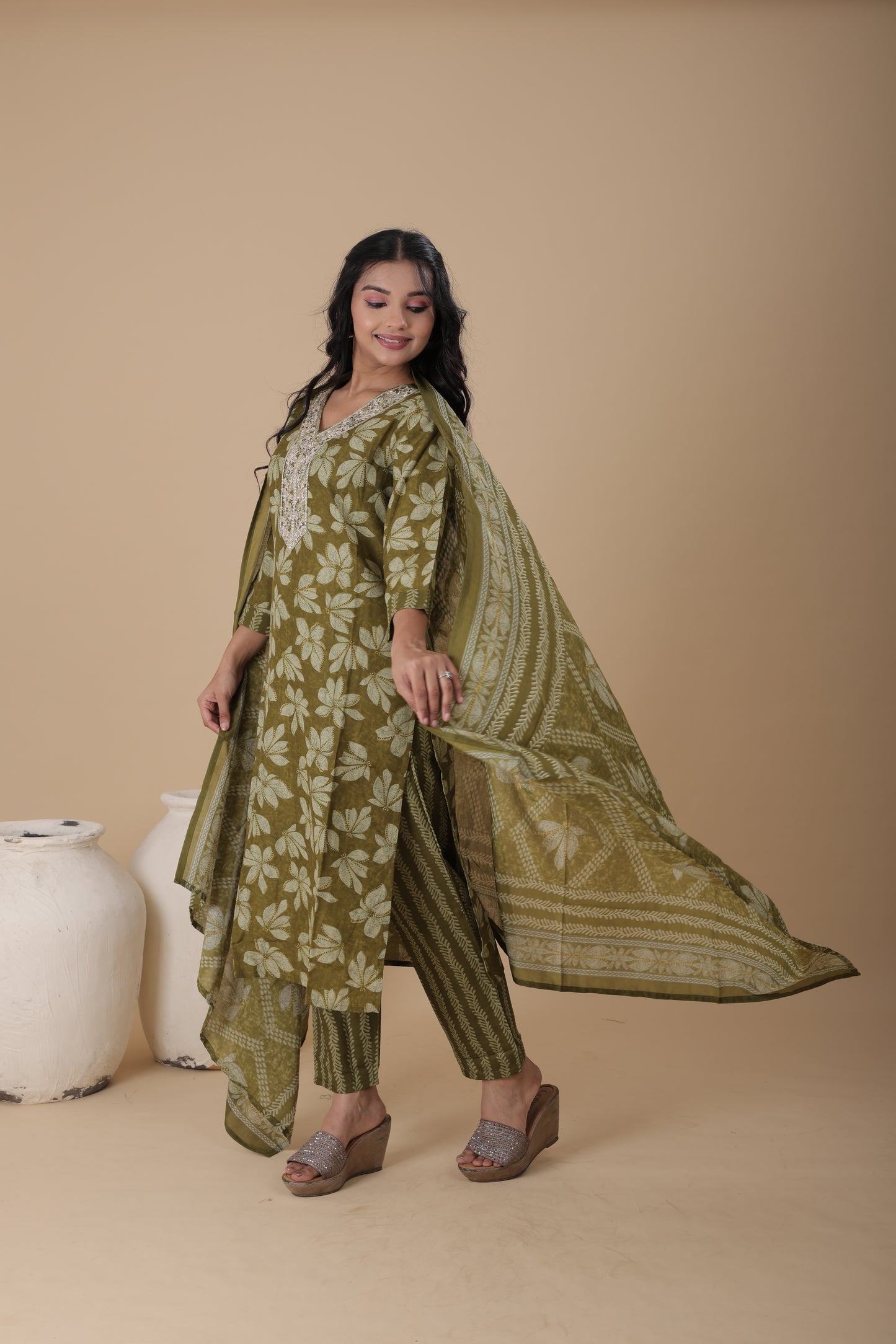 Designer Cotton Kurti for Women | Machine Work, Cotton Pant & Dupatta