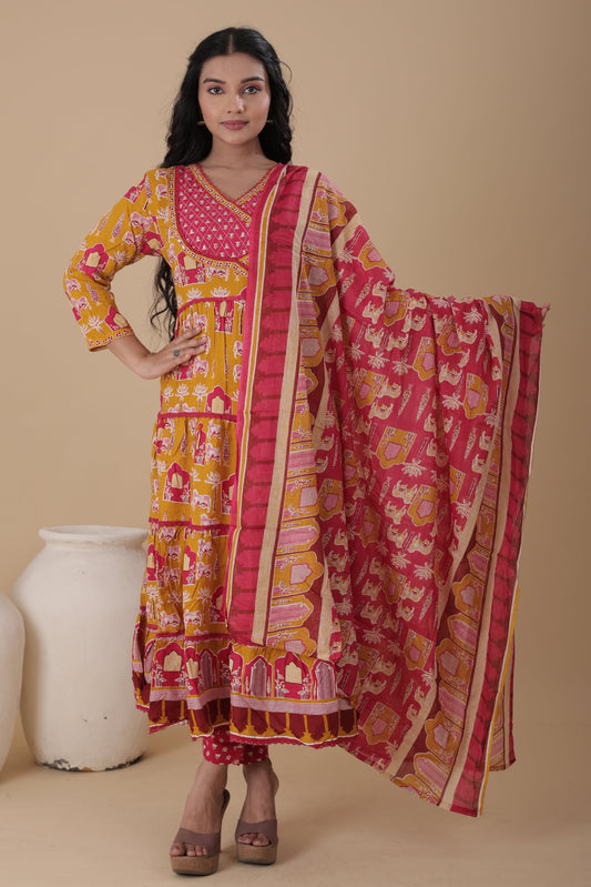 Elegant Rayon Kurti Pant Set with Handwork & Cotton Dupatta for Women