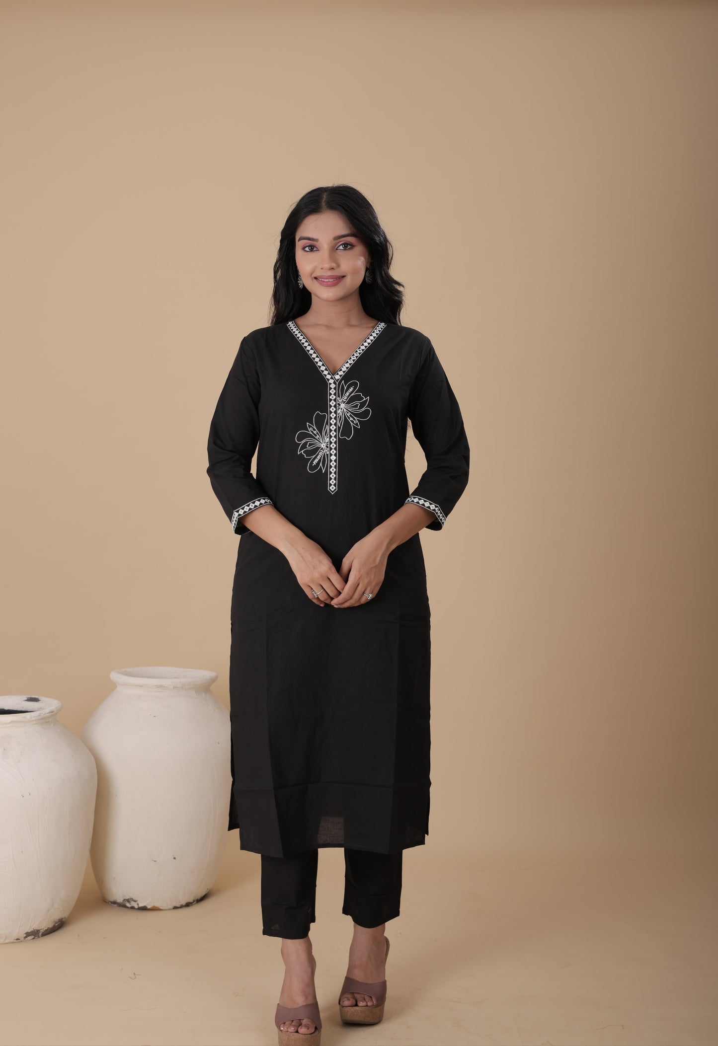 Women’s Black Pure Mal Cotton Kurti Set with Dupatta & Pant