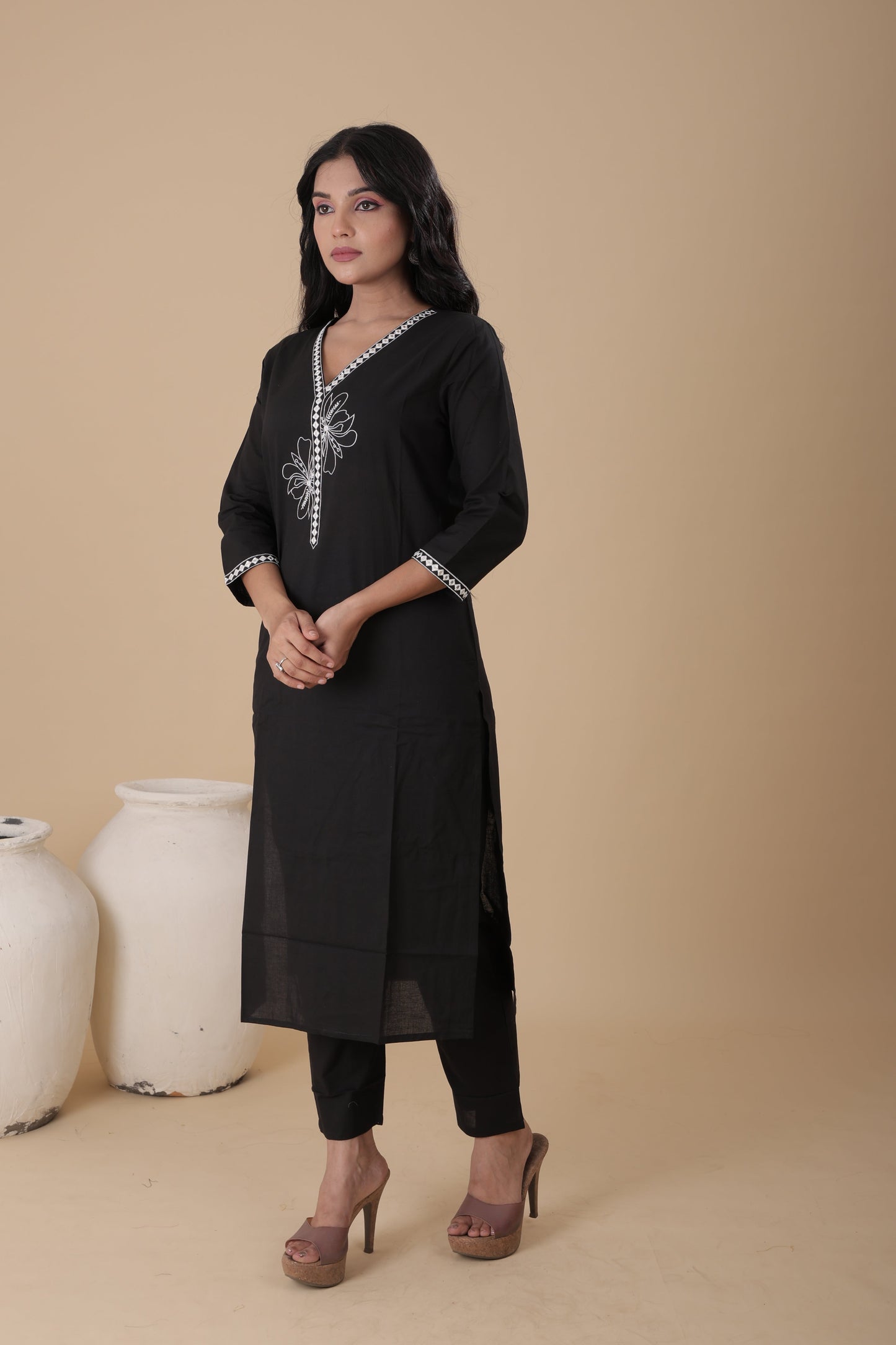 Women’s Black Pure Mal Cotton Kurti Set with Dupatta & Pant