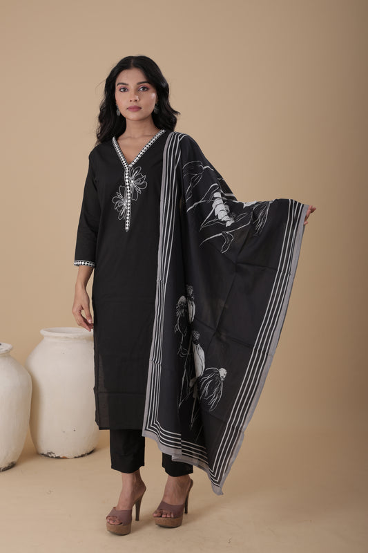Women’s Black Pure Mal Cotton Kurti Set with Dupatta & Pant