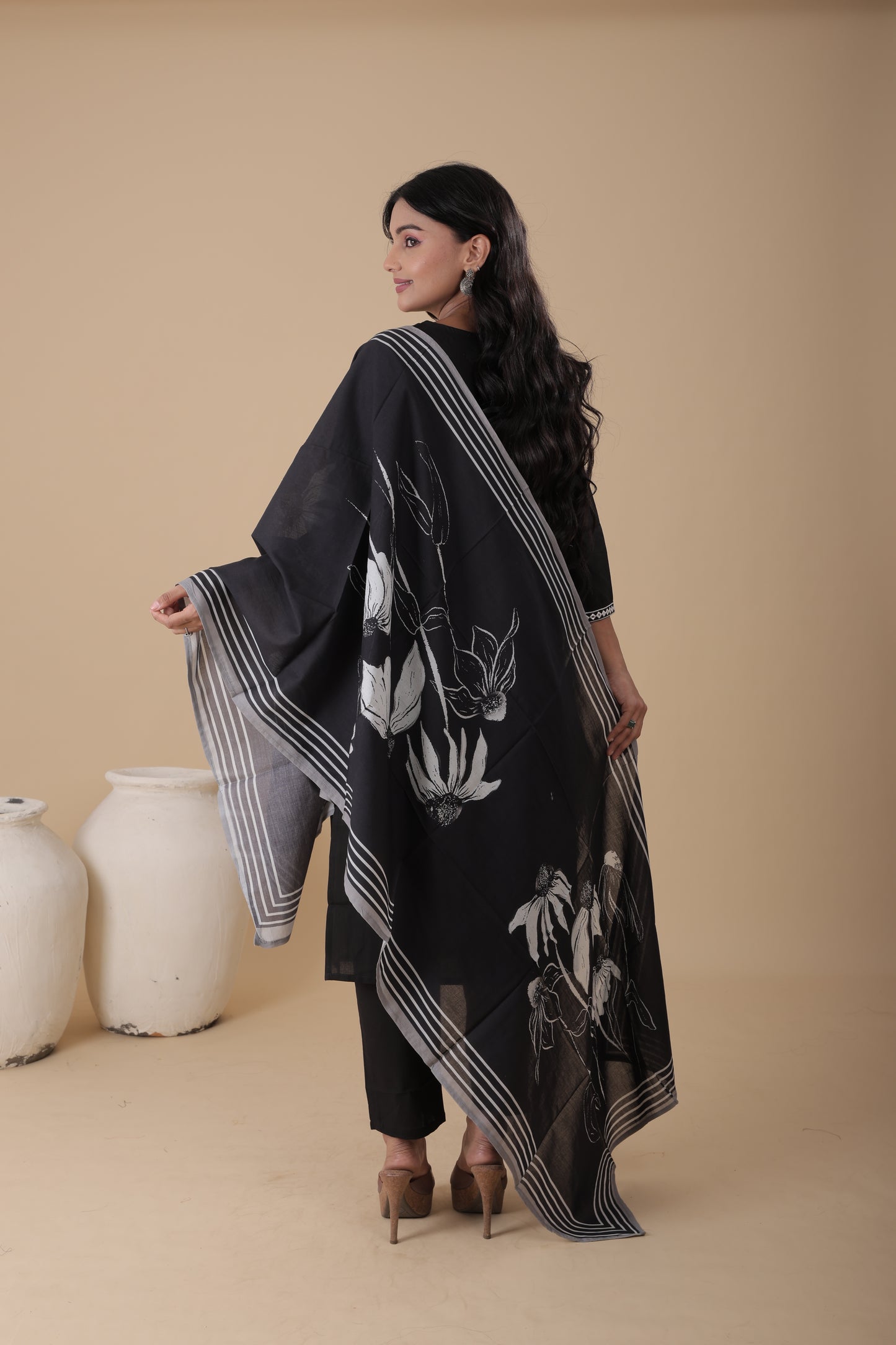 Women’s Black Pure Mal Cotton Kurti Set with Dupatta & Pant