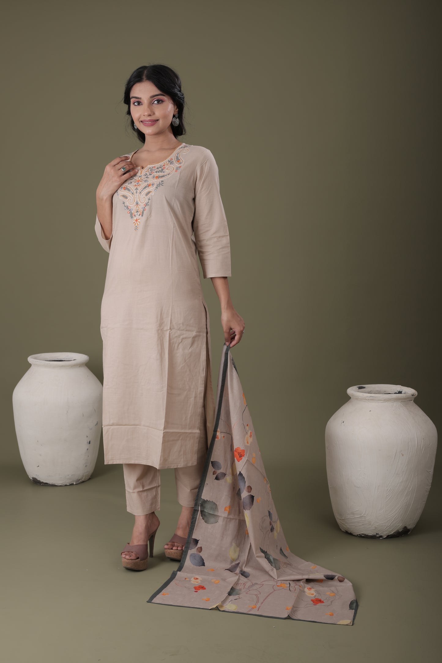 Designer Cotton Kurti Set for Women | Mal Cotton Kurti, Pant & Digital Dupatta