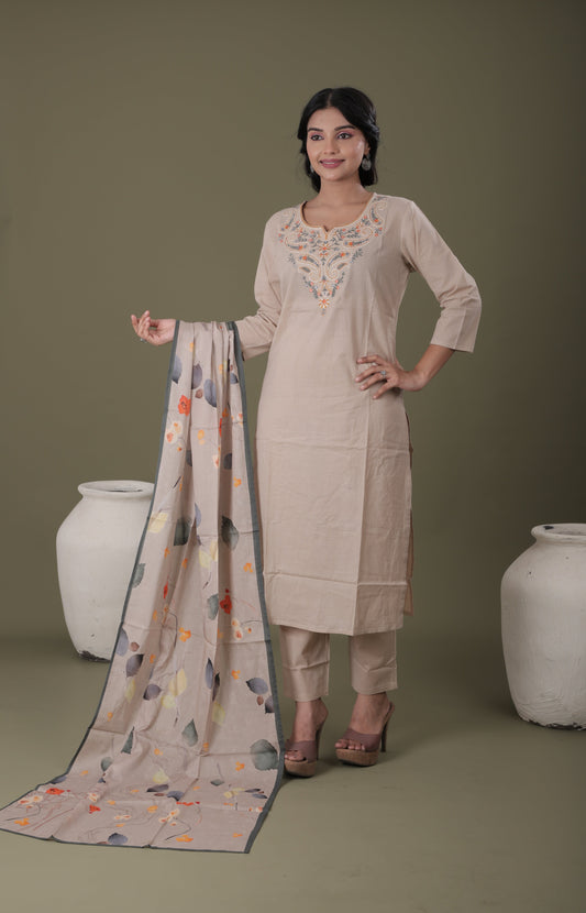Designer Cotton Kurti Set for Women | Mal Cotton Kurti, Pant & Digital Dupatta