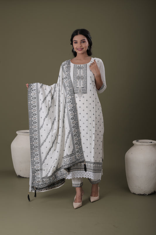 Women’s Festive Wear Kurti Set | Bubble Cotton Kurti, Cotton Pant & Heavy Dupatta