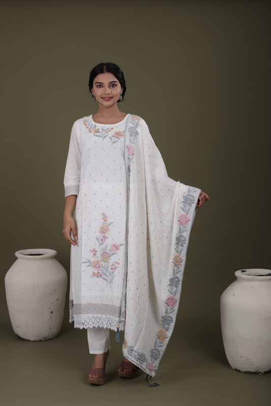 Women’s Pure Mal Cotton Kurti with Color Jacquard, Dupatta with Jacquard Border & Pant
