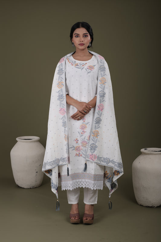 Women’s Pure Mal Cotton Kurti with Color Jacquard, Dupatta with Jacquard Border & Pant