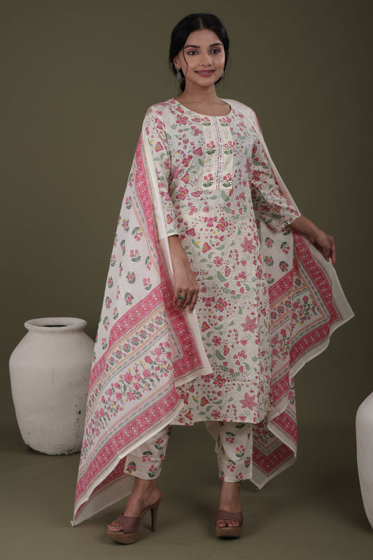 Women’s Daily Wear Cotton Kurti Set | Kurti, Pant & Cotton Dupatta