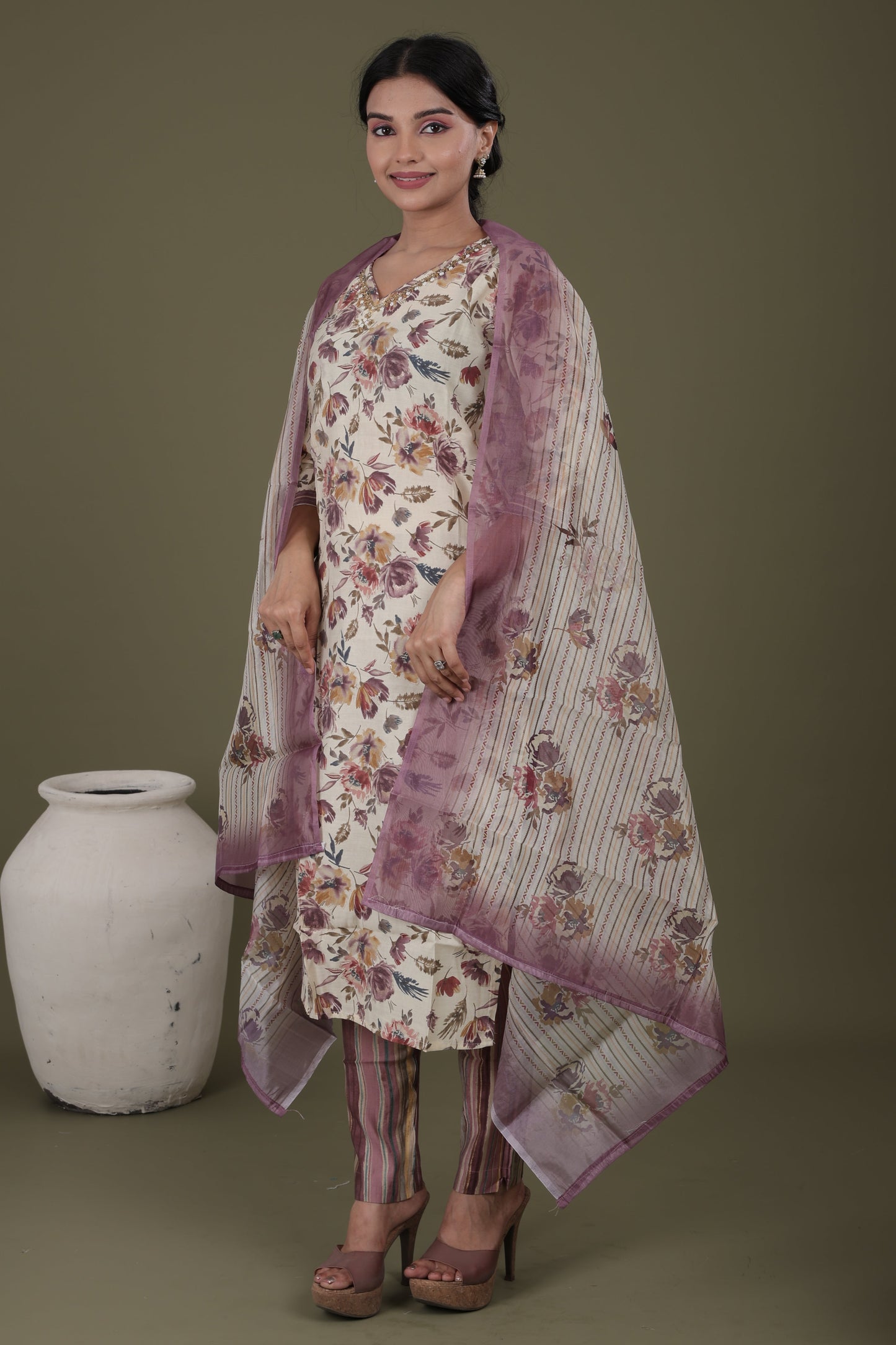 Premium Modal Silk Kurti Set | Handwork Kurti, Modal Pant & Organza Dupatta