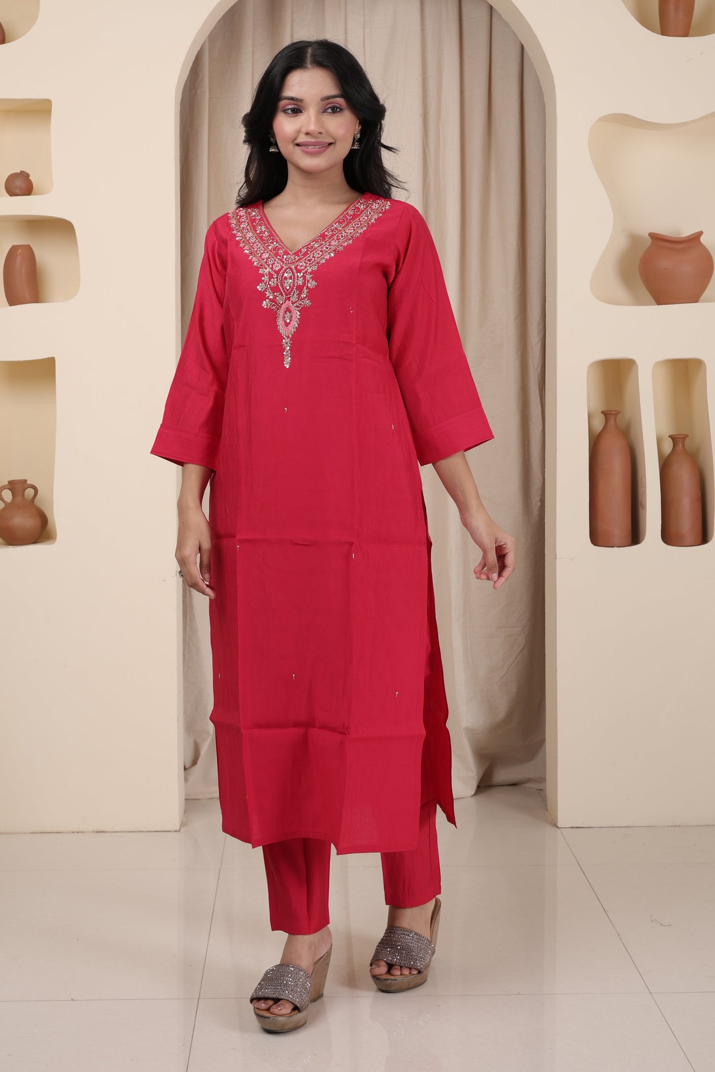 Luxury Ethnic Wear | Hand Jardosi Roman Silk Kurti Set with Dupatta