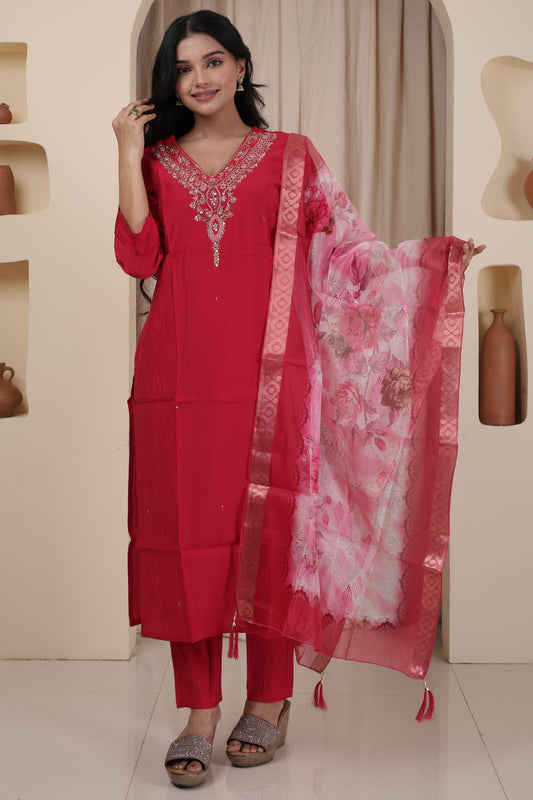 Luxury Ethnic Wear | Hand Jardosi Roman Silk Kurti Set with Dupatta