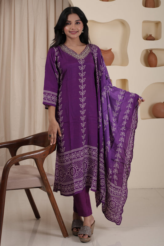Luxury Gaji Silk Handcrafted Kurti Pant Dupatta Set for Women