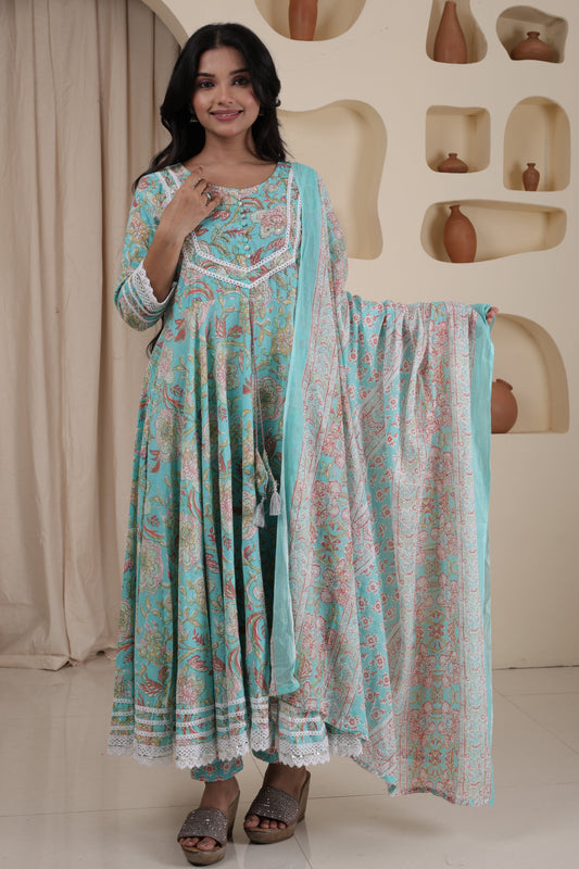 Festive Wear | Mal Cotton Anarkali Kurti Pant Dupatta Set