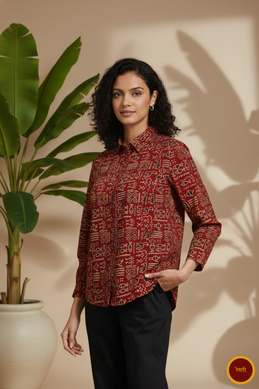Animal Print Red Cotton Ajrakh Shirt
