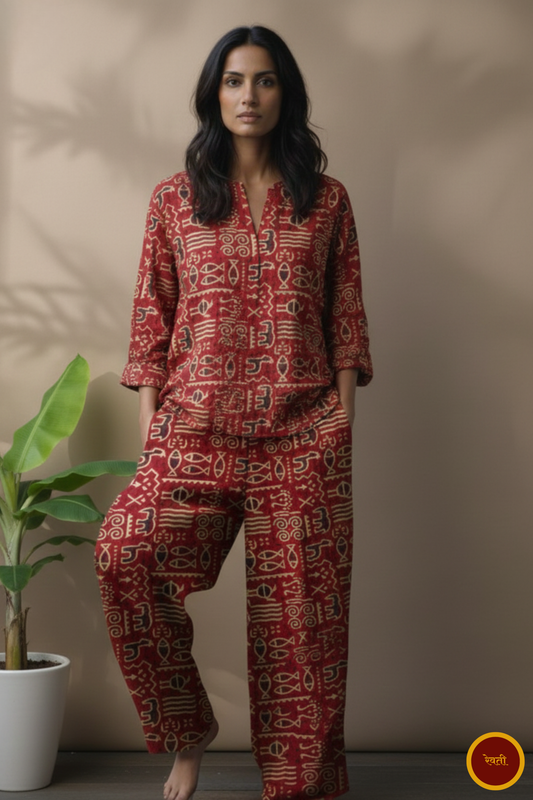 Animal Print Red Cotton Ajrakh Co-Ord Set